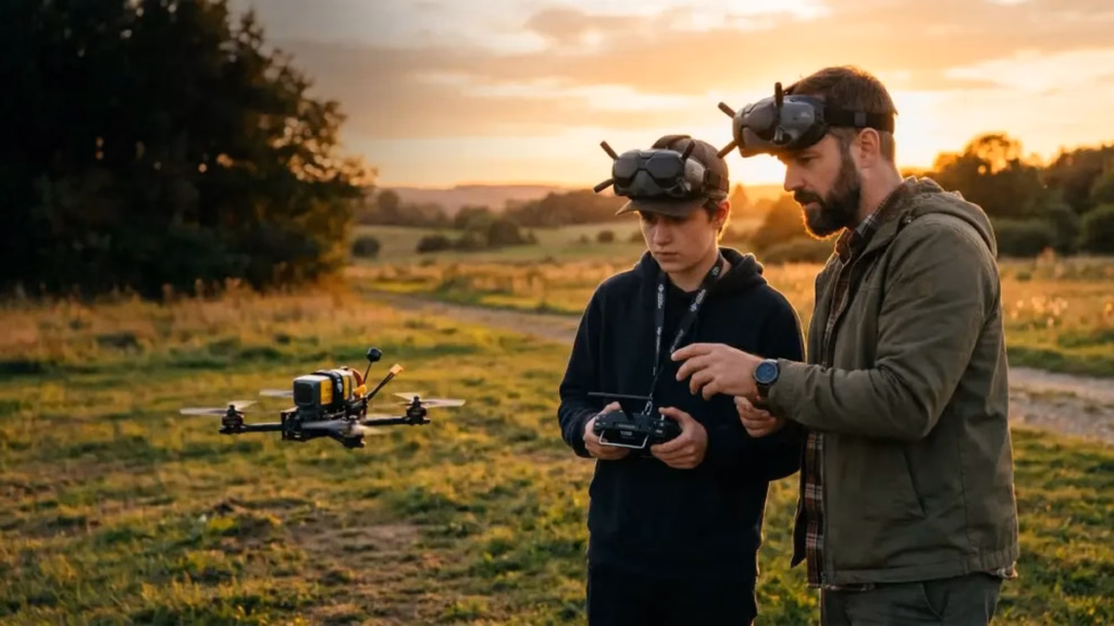 Curso de Drone FPV Presencial em SP: Mentoria Individual em Campinas Instrutor orientando aluno com óculos FPV durante voo presencial no campo