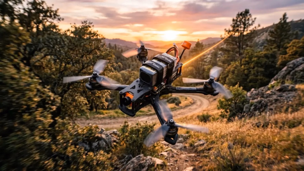 Drone FPV: O Que É, Como Funciona e Quanto Custa em 2026 Drone FPV de 5 polegadas voando sobre uma trilha ao pôr do sol