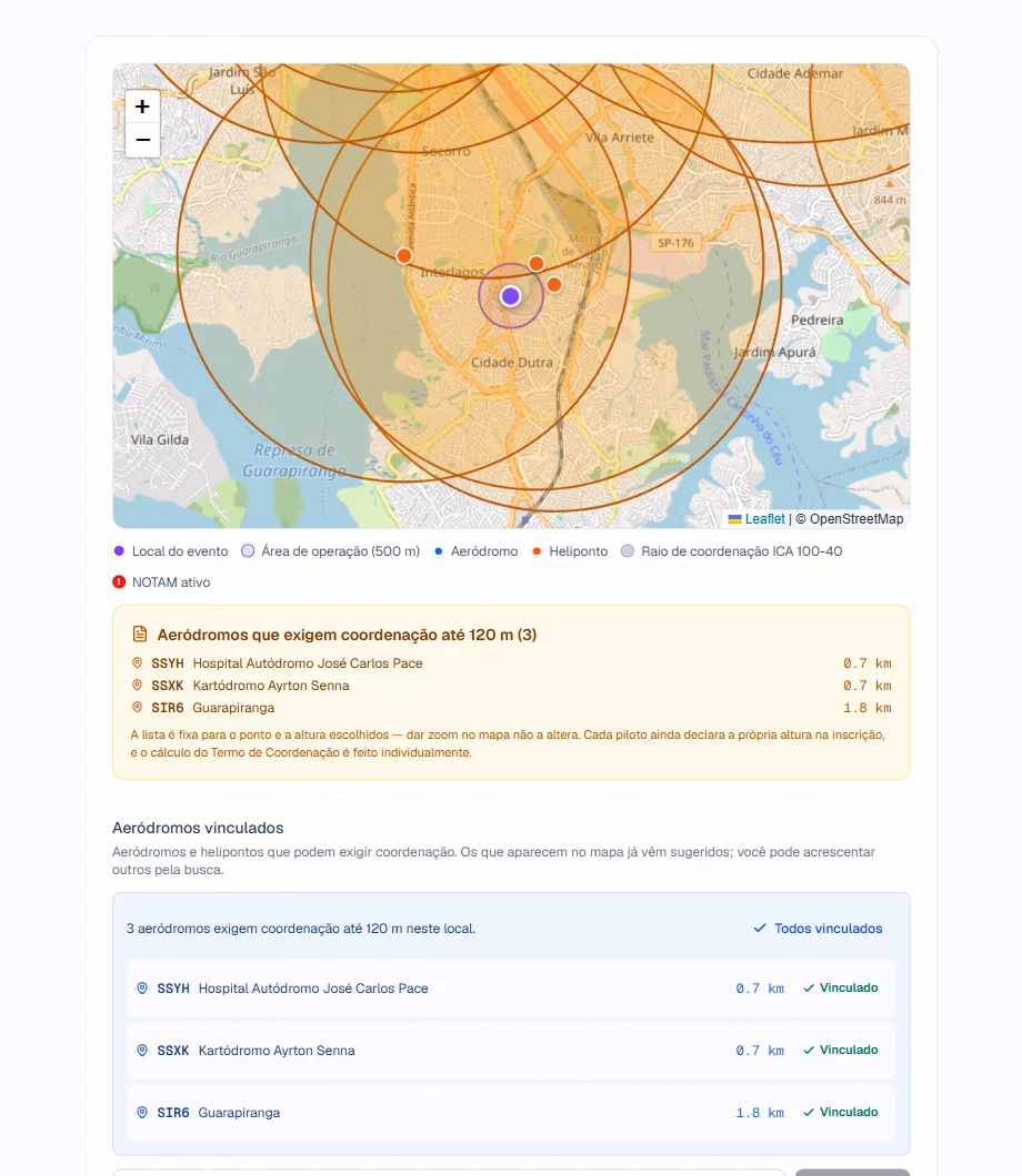 Evento no DroneCoord com aeródromos vinculados e zonas de coordenação