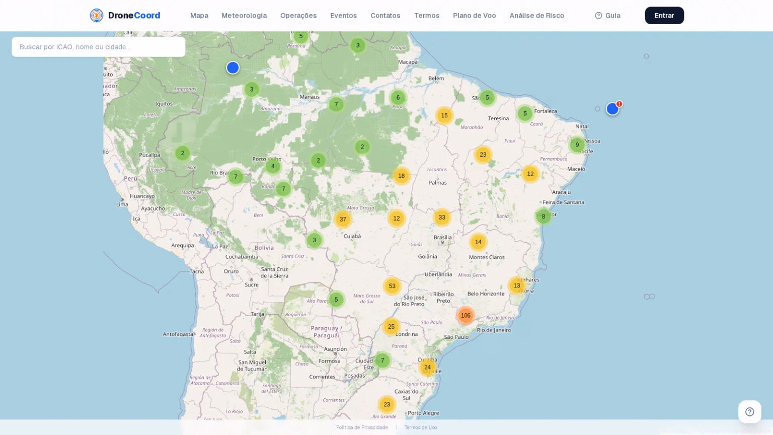 DroneCoord: mapa de aeródromos e helipontos do Brasil