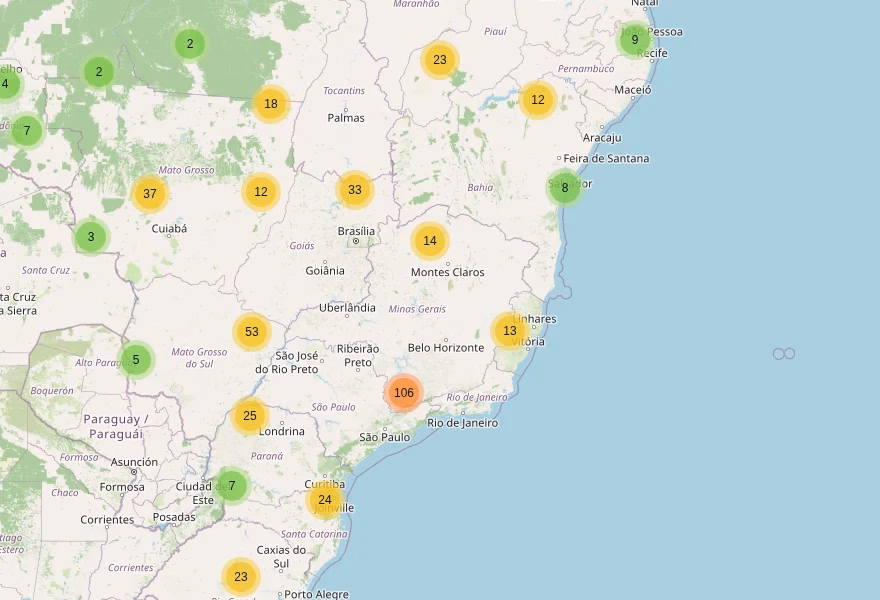 Mapa do DroneCoord com aeródromos e helipontos do Brasil