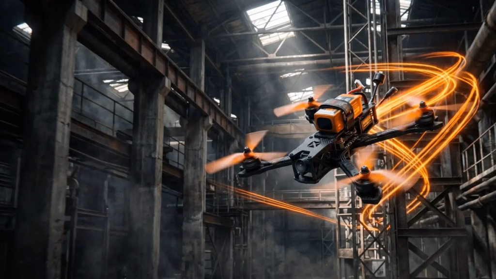 Drone FPV em movimento dentro de um galpão industrial