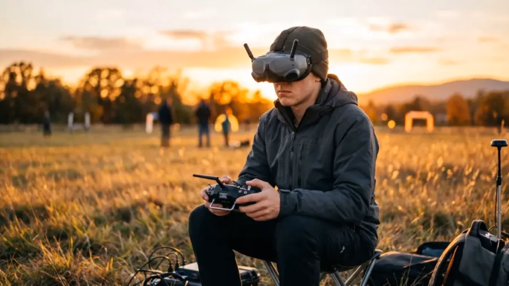 Piloto com óculos FPV e rádio em um campo ao pôr do sol