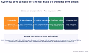 Diagrama do fluxo de trabalho do Gyroflow com câmera de cinema e plugin no editor