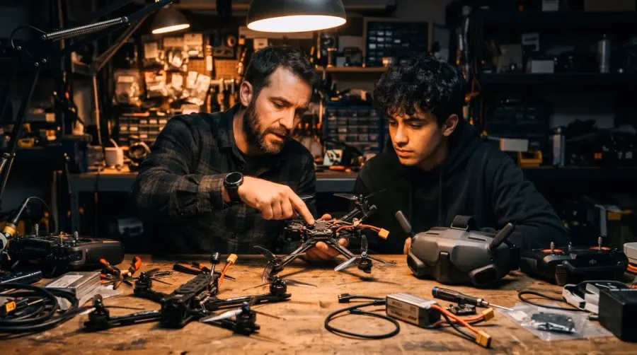 Instrutor explicando os componentes de um drone FPV para o aluno na bancada