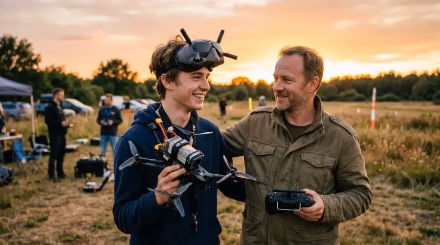 Instrutor e aluno comemorando um voo de drone FPV no campo