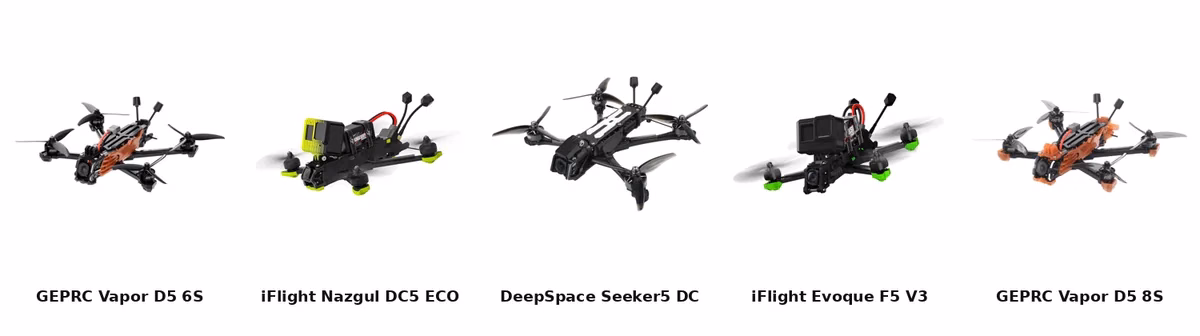 Cinco drones FPV 5 polegadas com DJI O4 Pro lado a lado