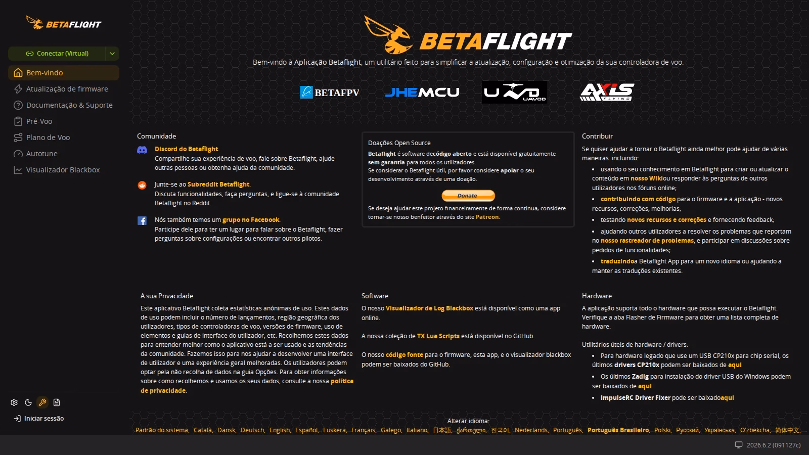 Tela inicial do Betaflight App 2026.6 em português com tema escuro