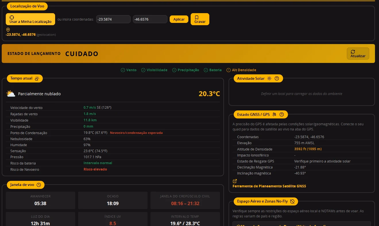 Aba Pré-Voo do Betaflight App mostrando clima e status de lançamento