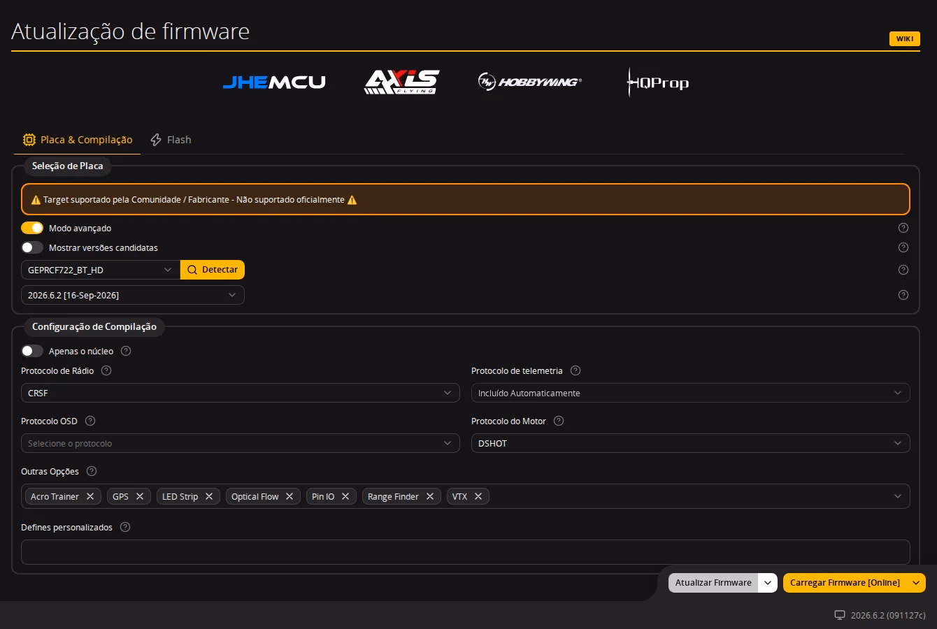 Atualização de firmware no Betaflight App com a versão 2026.6.2 selecionada