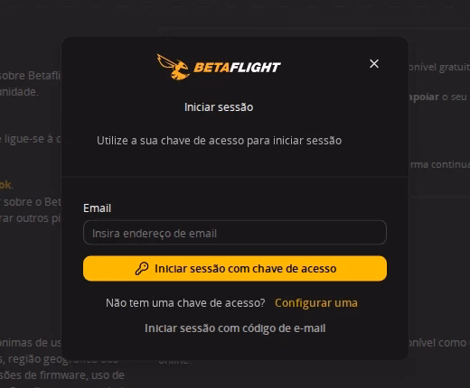 Janela de login do Betaflight App para backup na nuvem