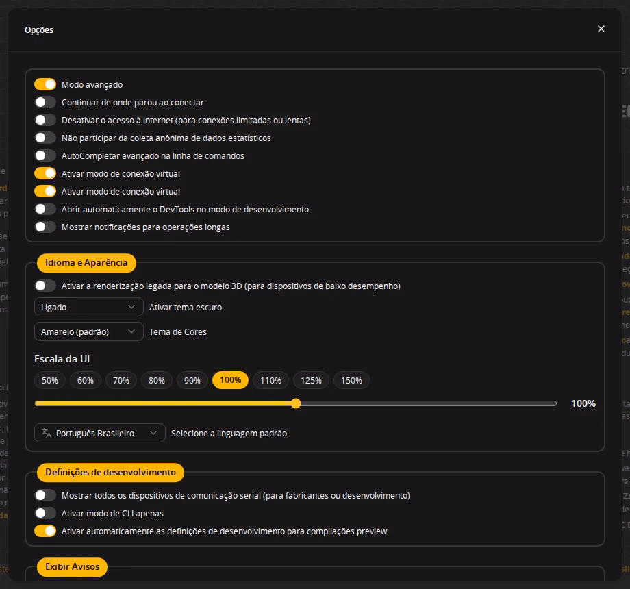 Janela de Opções do Betaflight App com tema, idioma e Modo Expert