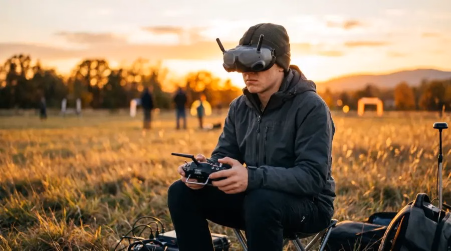 Piloto com óculos FPV e rádio em um campo ao pôr do sol