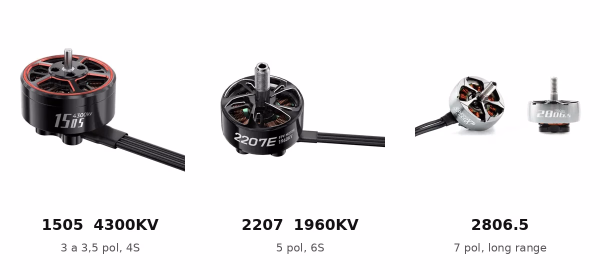 Motores FPV de tamanhos diferentes: 1505, 2207 e 2806.5