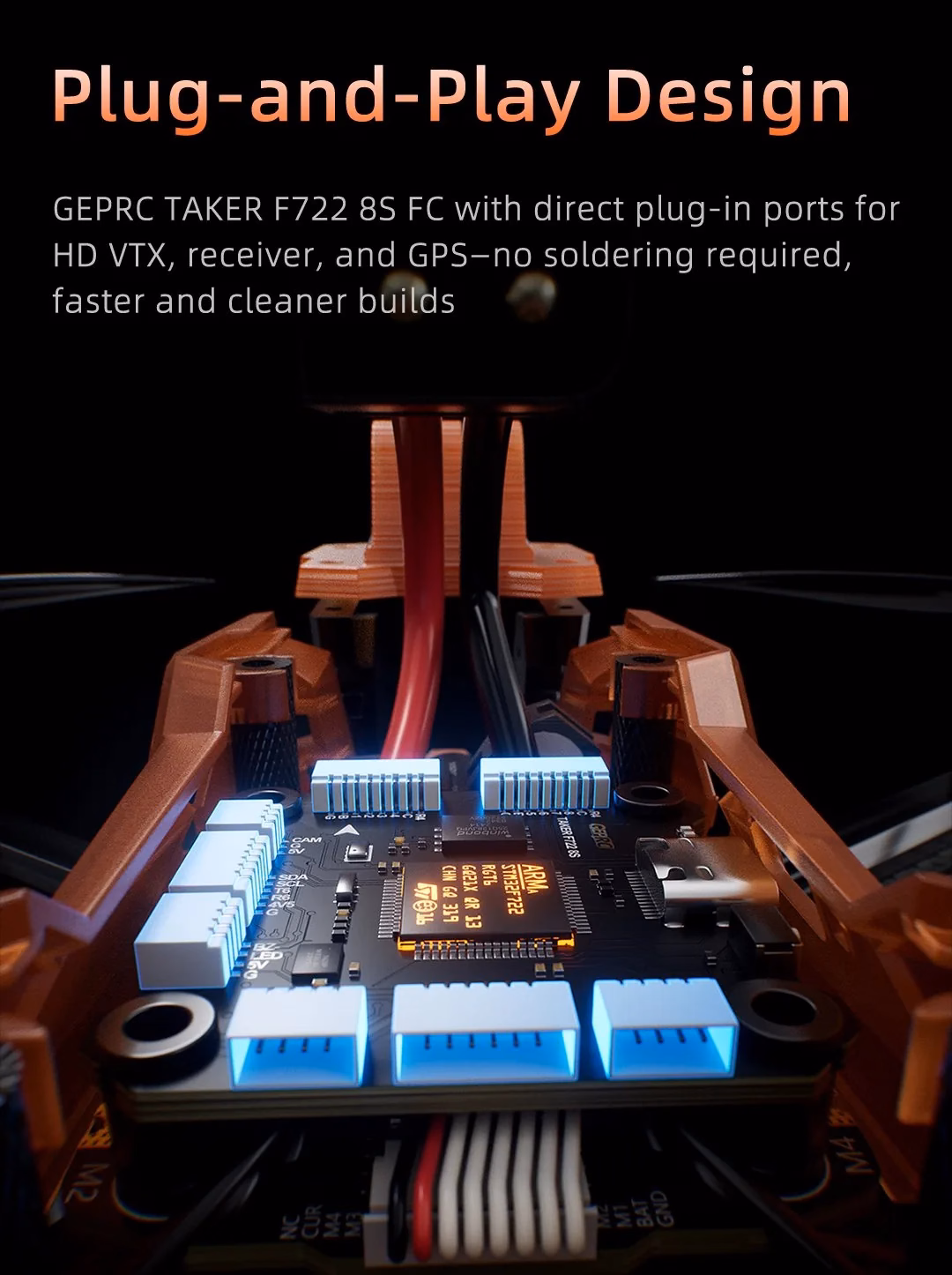 Controladora GEPRC TAKER F722 8S com conectores plug-and-play